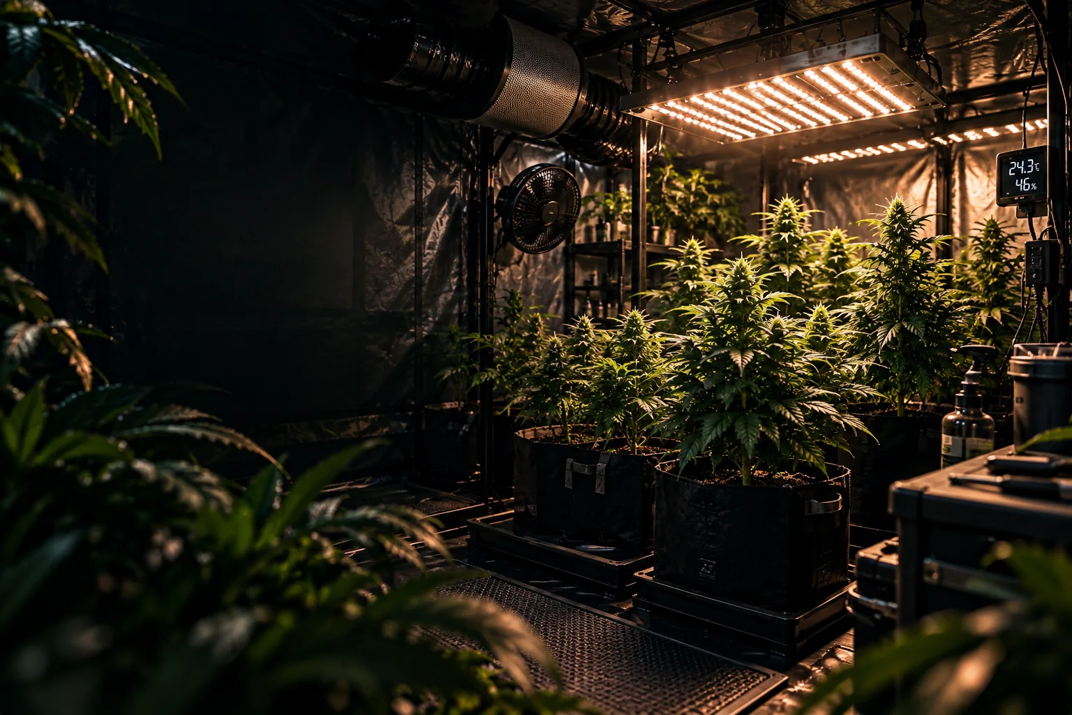 Stimmungsvoller Indoor-Growroom mit Pflanzen und warmer Beleuchtung